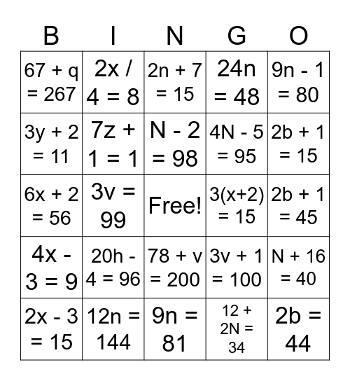 2-step Equation Bingo Card