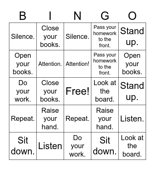 Classroom Commands Bingo Card