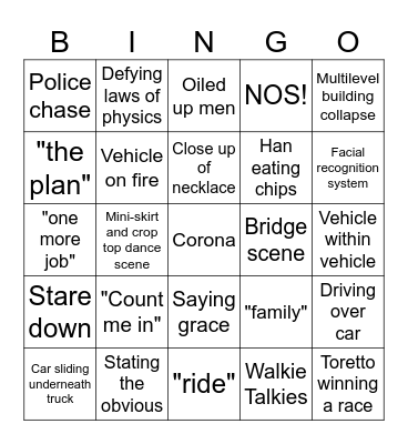 Fast & Furious Bingo Card