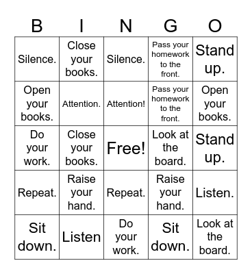 Classroom Commands Bingo Card
