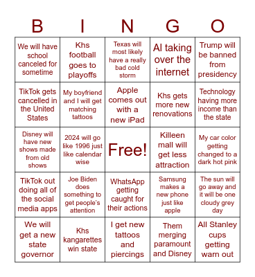 Ny’s 2024 surprise Bingo Card