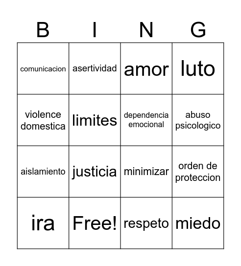 VIolencia intrafamiliar Bingo Card