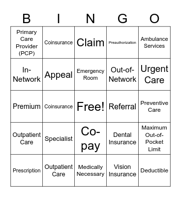 Health Insurance Bingo Card