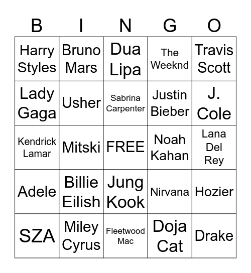 Artist Bingo Card