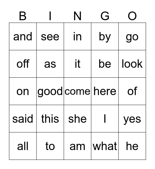 Kindergarten Sight Word BINGO Card
