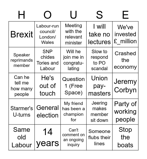 PMQs Bingo Card