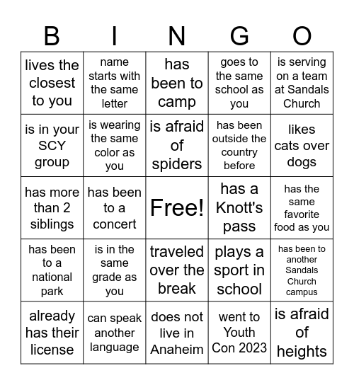 SCY Human Bingo Card