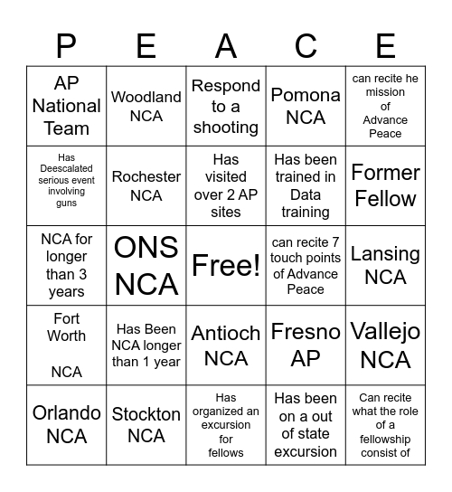 Advance Peace Bingo Card