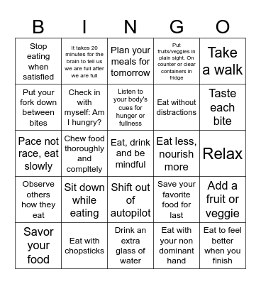 MindFul eating BINGO Card