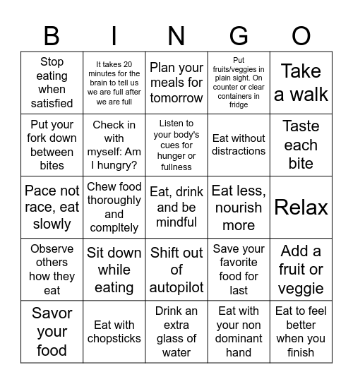 MindFul eating BINGO Card