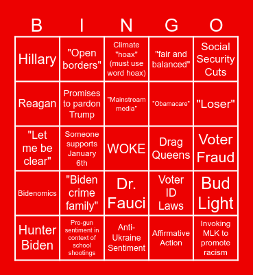 Exile Island Republican Debate Bingo Card