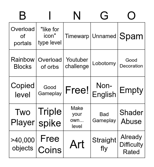 Geometry Dash 2.2 Recent Tab Bingo Card