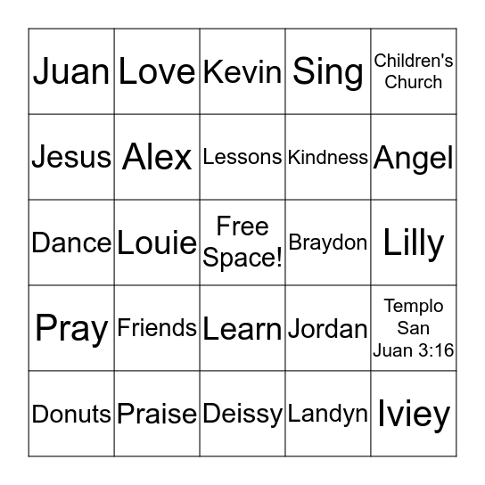 Templo San Juan 3:16 Sunday School Bingo Card