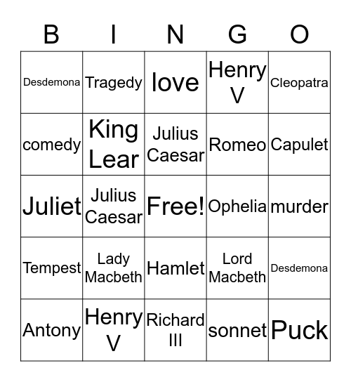 Shakespeare  Bingo Card