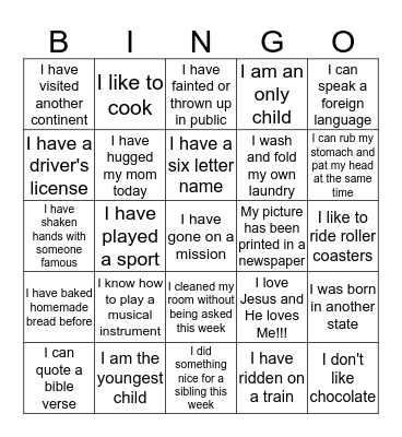 Getting to Know You Bingo Card