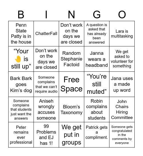 Tutor Training Bingo Card