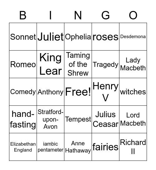 Shakespeare Celebration Bingo Card