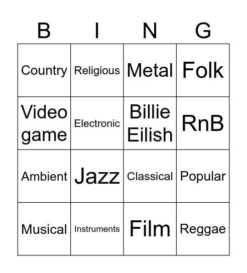 Music Genres Bingo Card