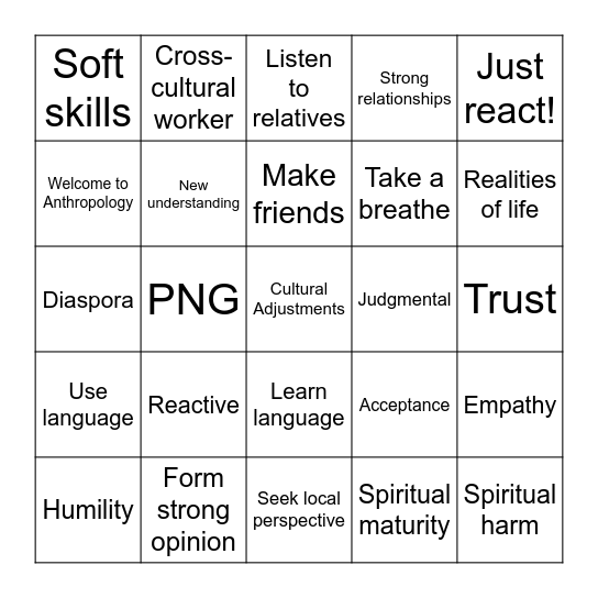 Anthropology: Session 8: Cultural Adjustments Bingo Card