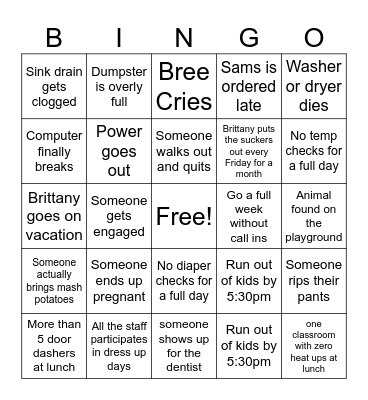 Kids' Zone Bingo Card