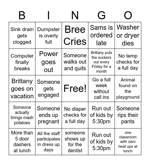 Kids' Zone Bingo Card