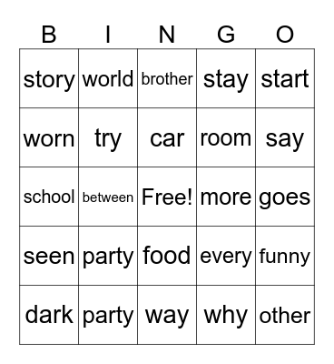 Sight Word BINGO #2 Bingo Card