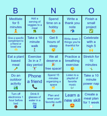 SSC Self Care Bingo Card