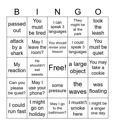 Modals and Vocabulary Bingo Card