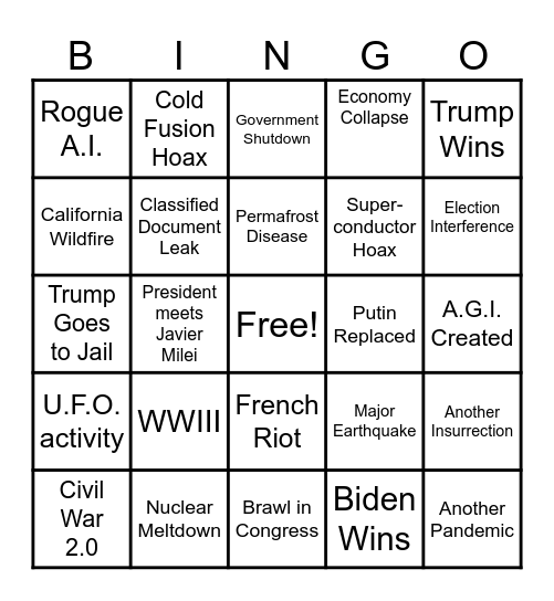 Dumpster Fire 2024 Bingo Card