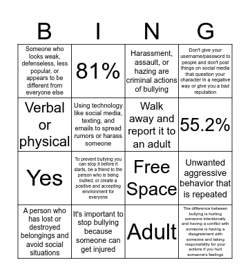 DON'T BE A BULLY! Bingo Card