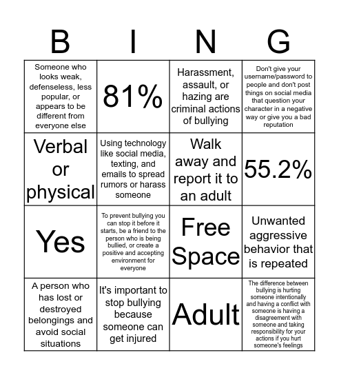 DON'T BE A BULLY! Bingo Card