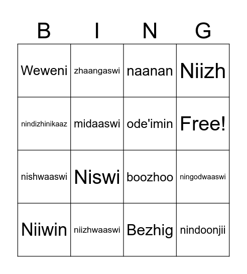 Intro Ojibwe Bingo Card