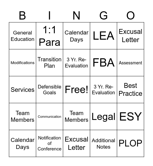 IEP Bingo Card