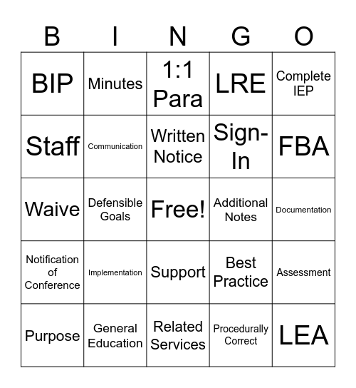 IEP Bingo Card