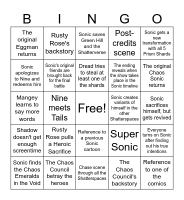 Sonic Prime Season 3 Bingo Card