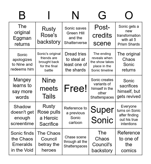 Sonic Prime Season 3 Bingo Card