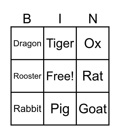 Chinese zodiacs Bingo Card