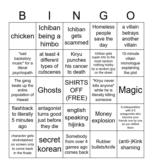 Like a Dragon 8 Bingo Card