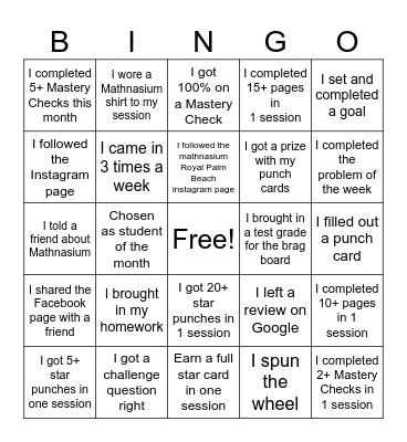 Mathnasium January Bingo Card