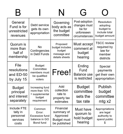 Budget Law Bingo Card