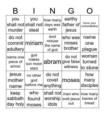 TEN COMMANDMENTS Bingo Card