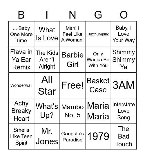 90's Hits Bingo Card