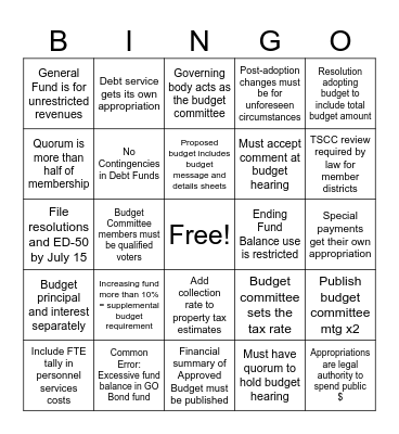 Budget Law Bingo Card