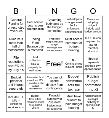 Budget Law Bingo Card