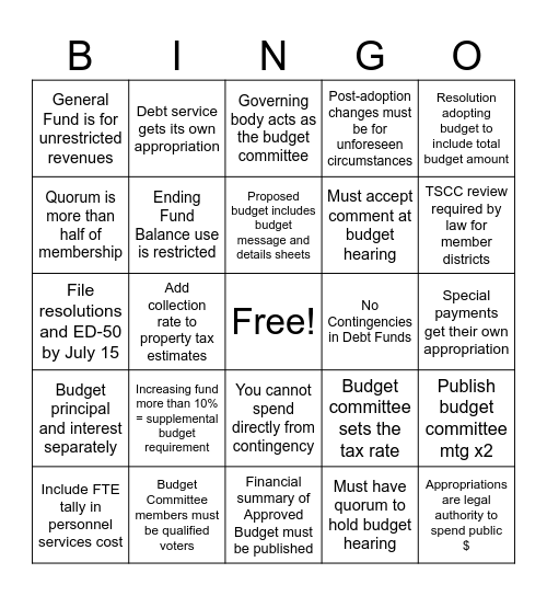 Budget Law Bingo Card