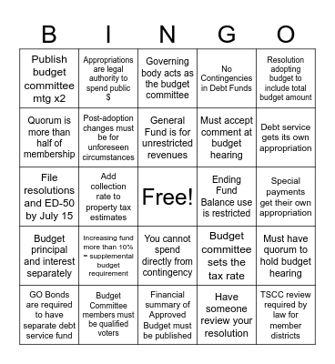 Budget Law Bingo Card