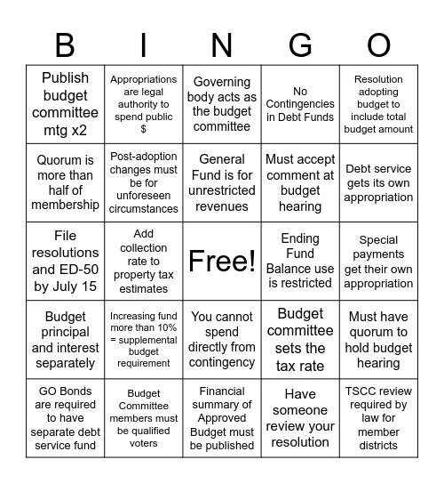 Budget Law Bingo Card