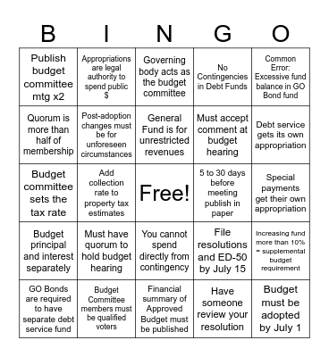 Budget Law Bingo Card