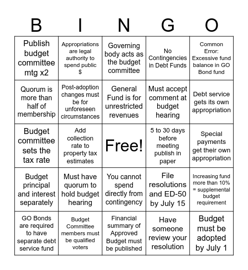 Budget Law Bingo Card