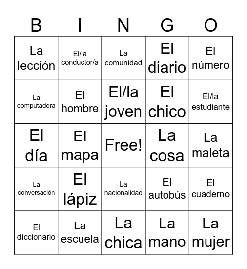 Sustantivos Bingo Card